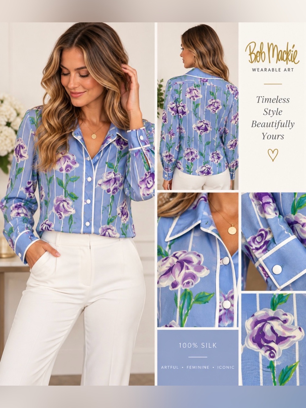 361 Bob Mackie Wearable Art Silk Blouse M Blue Purple Rose Floral Button Down